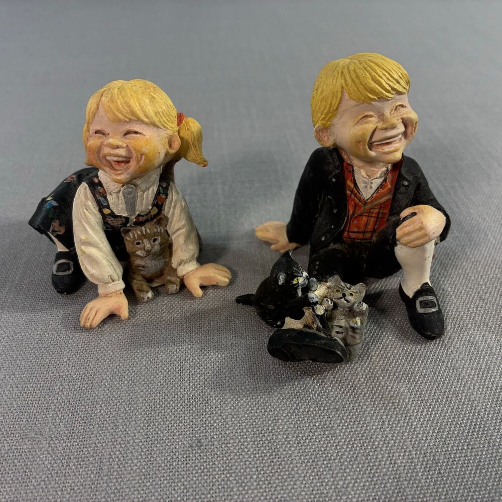 Vintage Laughing Boy & Girl Figurines with Cats Resin Shelf Decor Set of 2